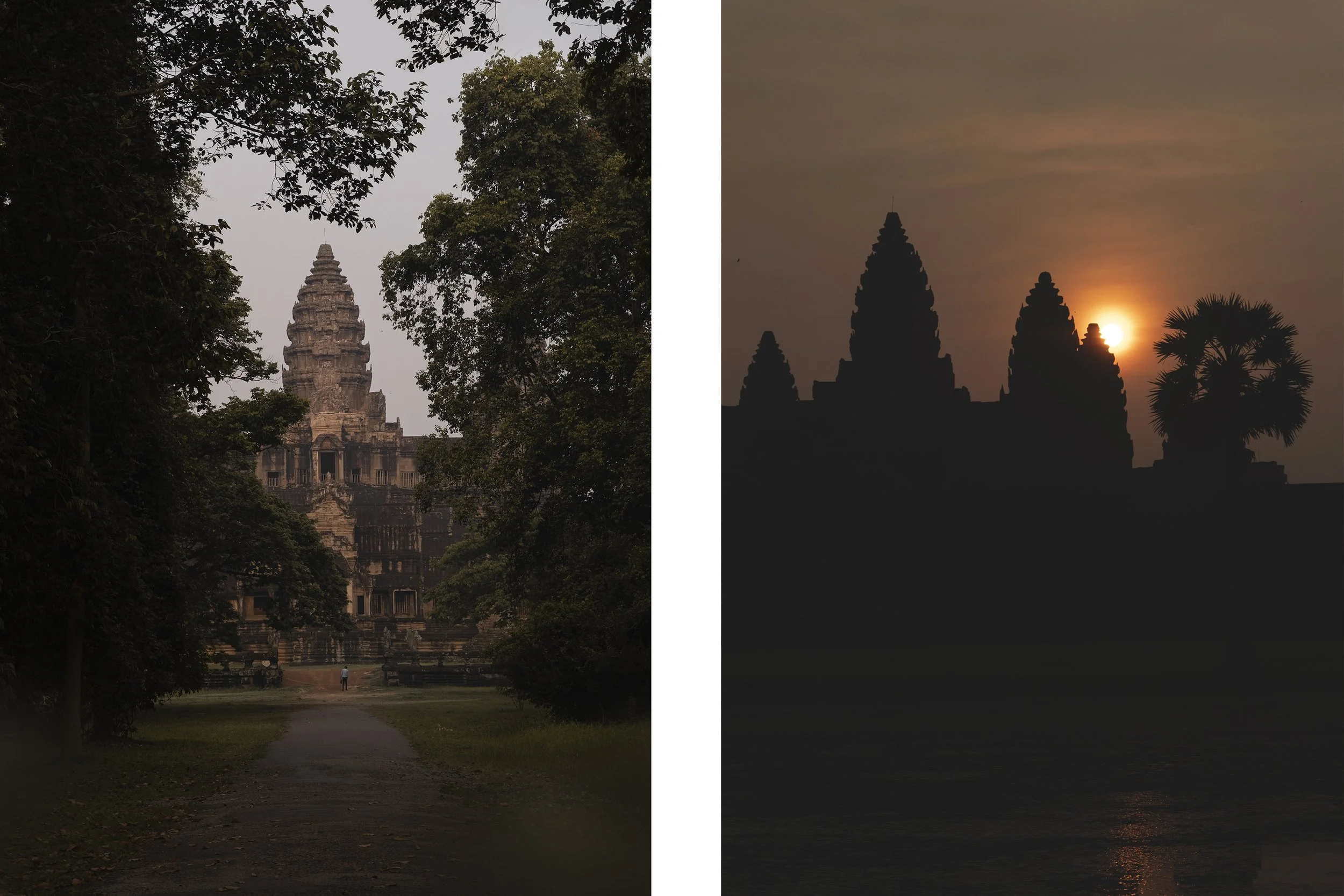Deux photos de temples anciens, l'une en pleine journée entourée d'arbres et l'autre au coucher du soleil avec une silhouette de temple et un arbre palmier.