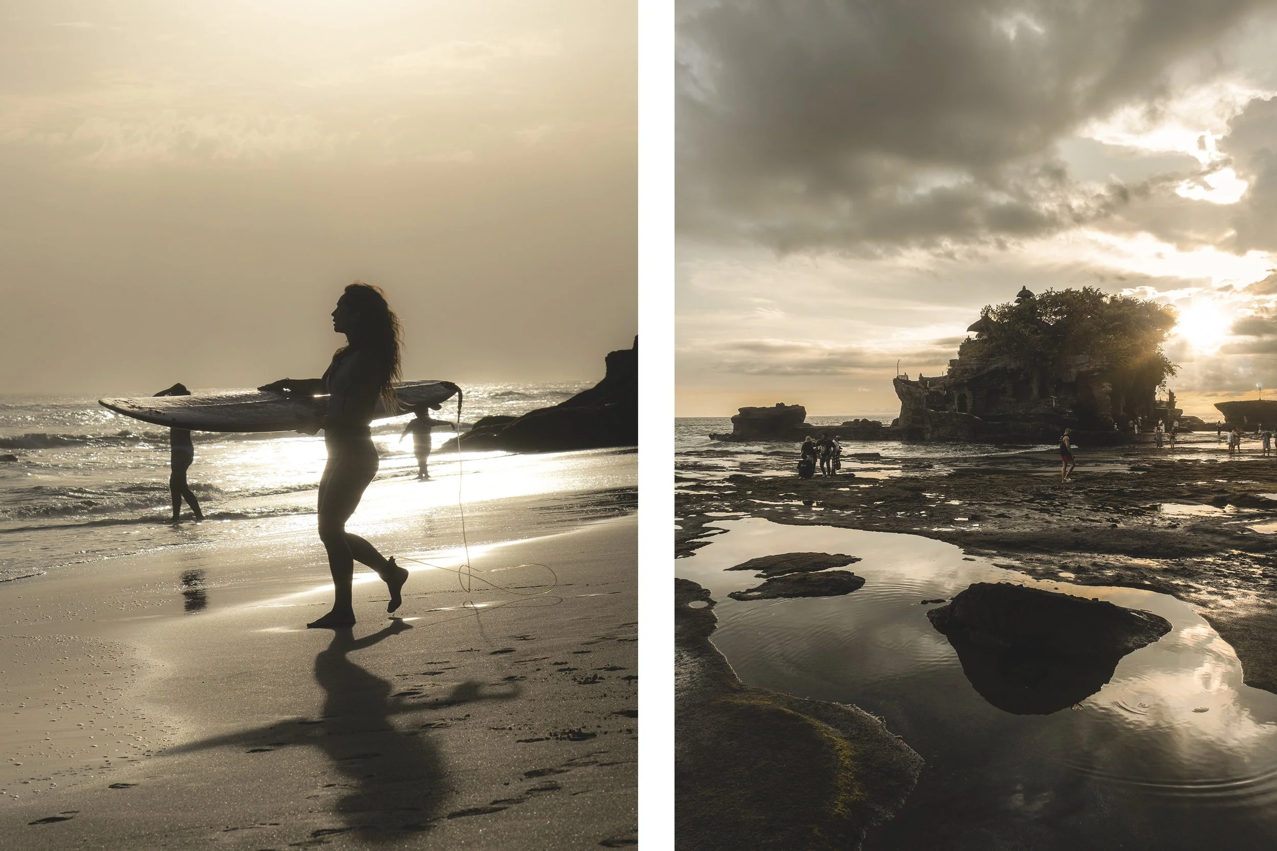 Côte rocheuse au coucher du soleil avec une silhouette de femme portant une planche de surf sur la plage et une formation rocheuse entourée d'eau avec des nuages et le soleil couchant à l'horizon.