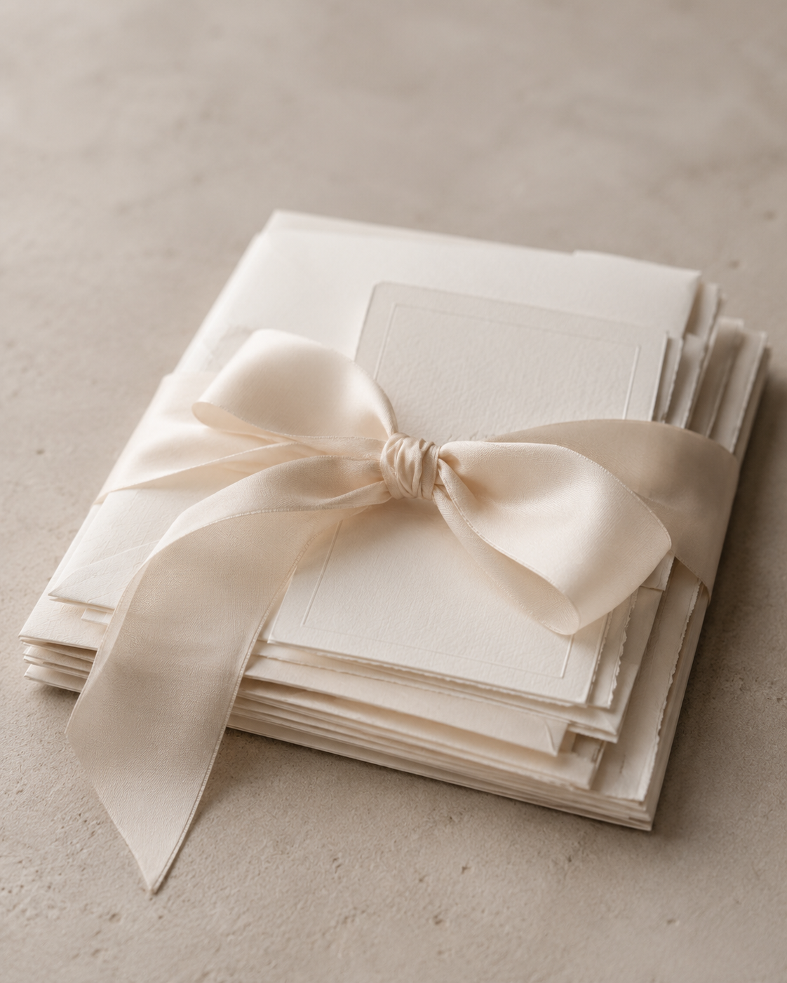 Stack of ivory wedding invitation envelopes and stationery tied with a soft satin bow on a neutral tabletop.
