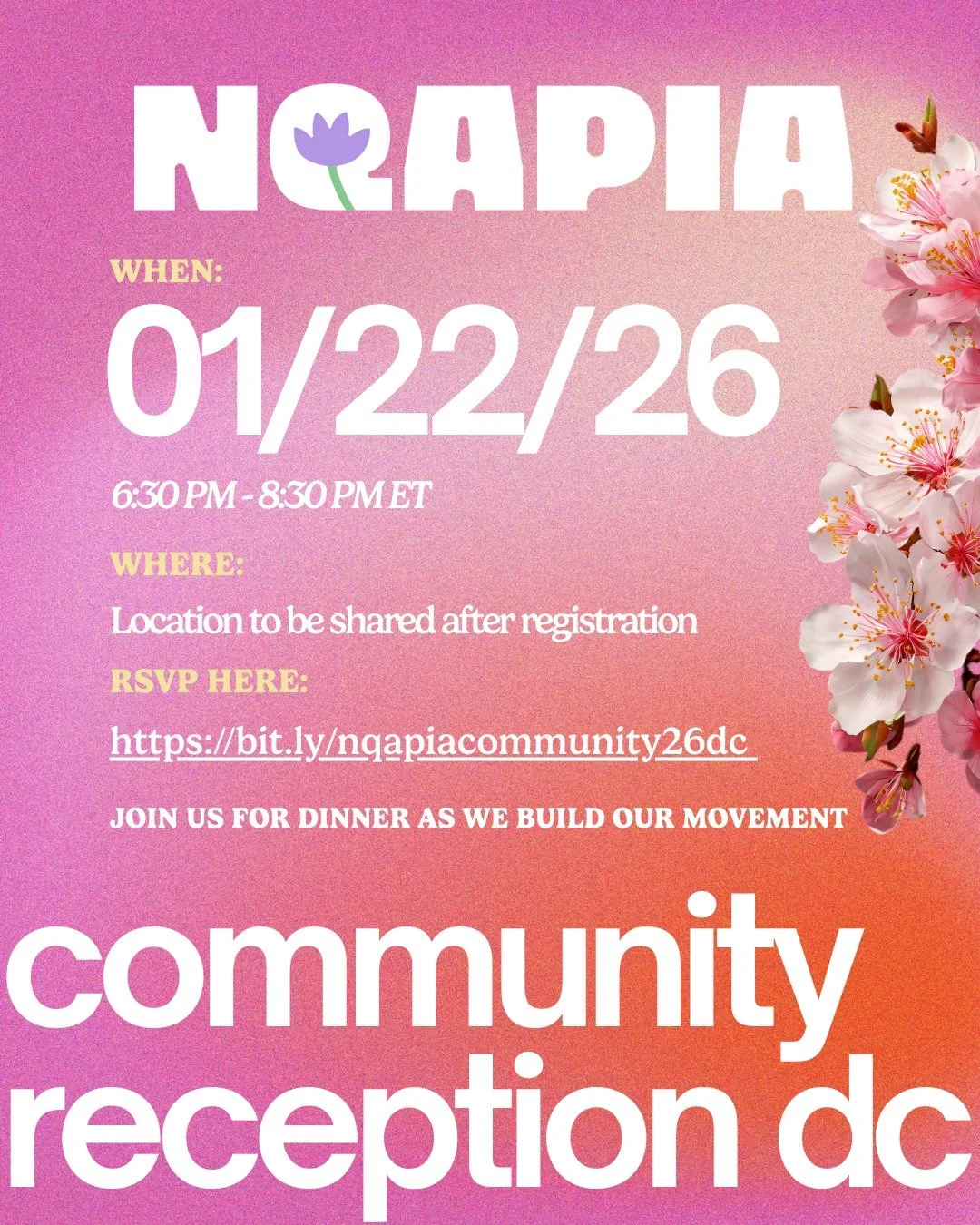 🌟 Calling all LGBTQ+ AANHPI folks and allies! 🍽️

Join NQAPIA for a cozy, community-centered dinner during Creating Change 2026 in DC. Come build new connections, enjoy free bites (yes, we&rsquo;ve got vegan + gluten-free options!), and keep the en