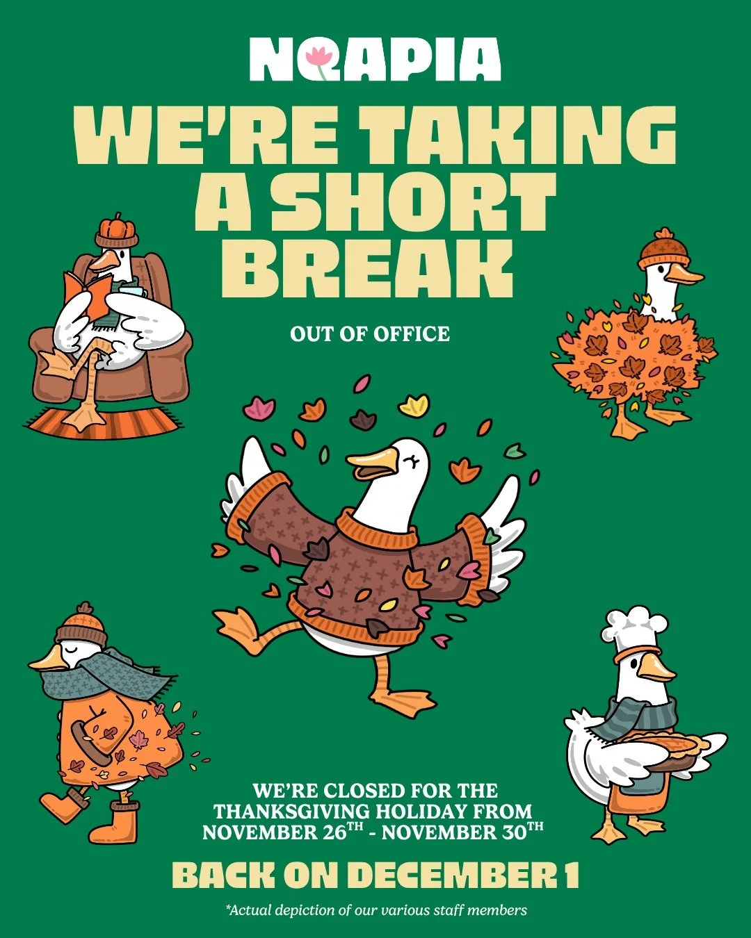 NQAPIA will be closed for the Thanksgiving holiday from Wednesday, Nov 26 through Sunday, Nov 30.

We&rsquo;ll return to emails and messages on Monday, Dec 1.

We wish everyone rest and reflection &mdash; and we honor the Indigenous communities whose