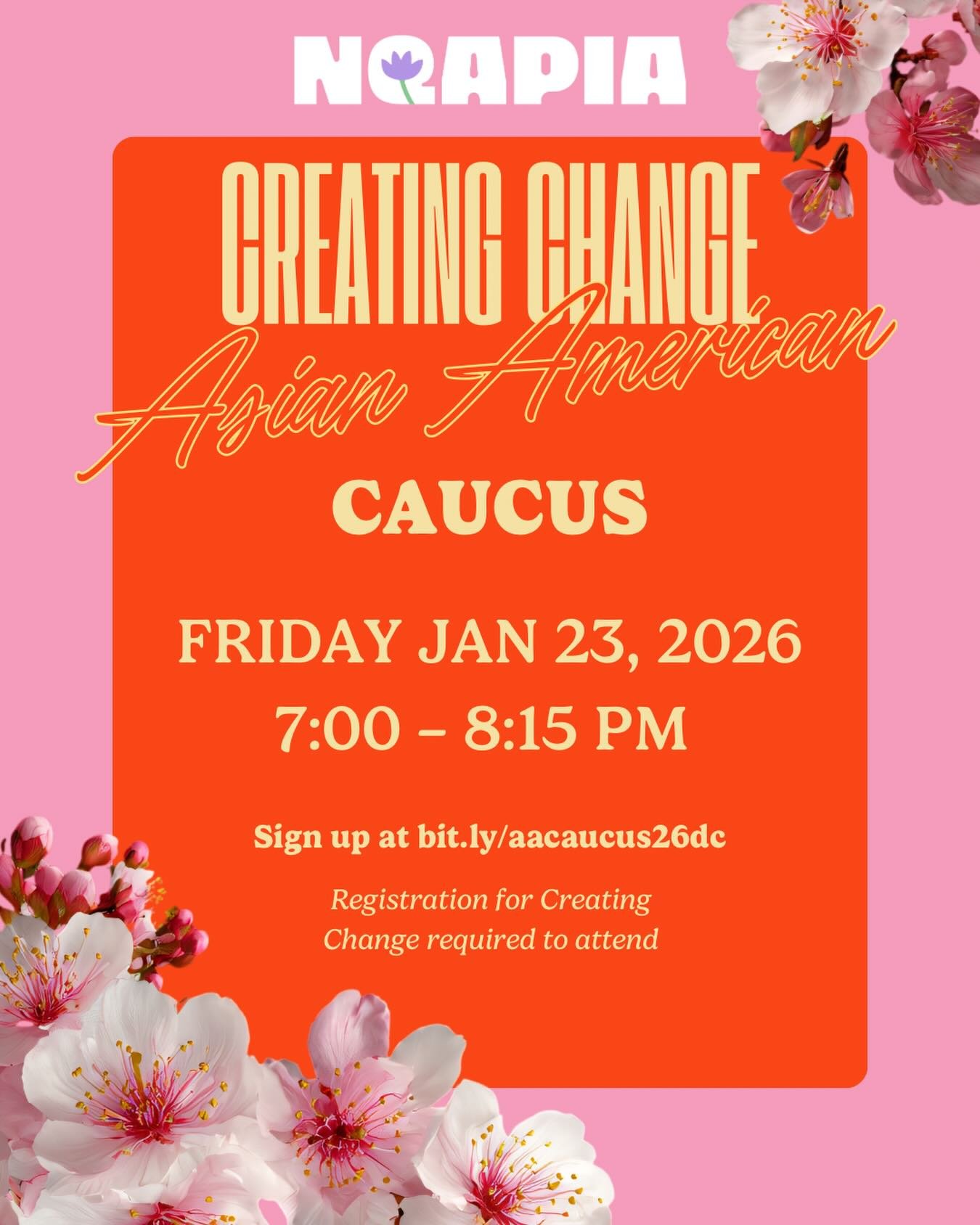 Calling all Asian American attendees at Creating Change 2026 📣 Our caucus space is coming, and we can&rsquo;t wait to gather with you!

Hosted by NQAPIA, the Asian American Caucus offers dedicated time within the conference space for connection and 