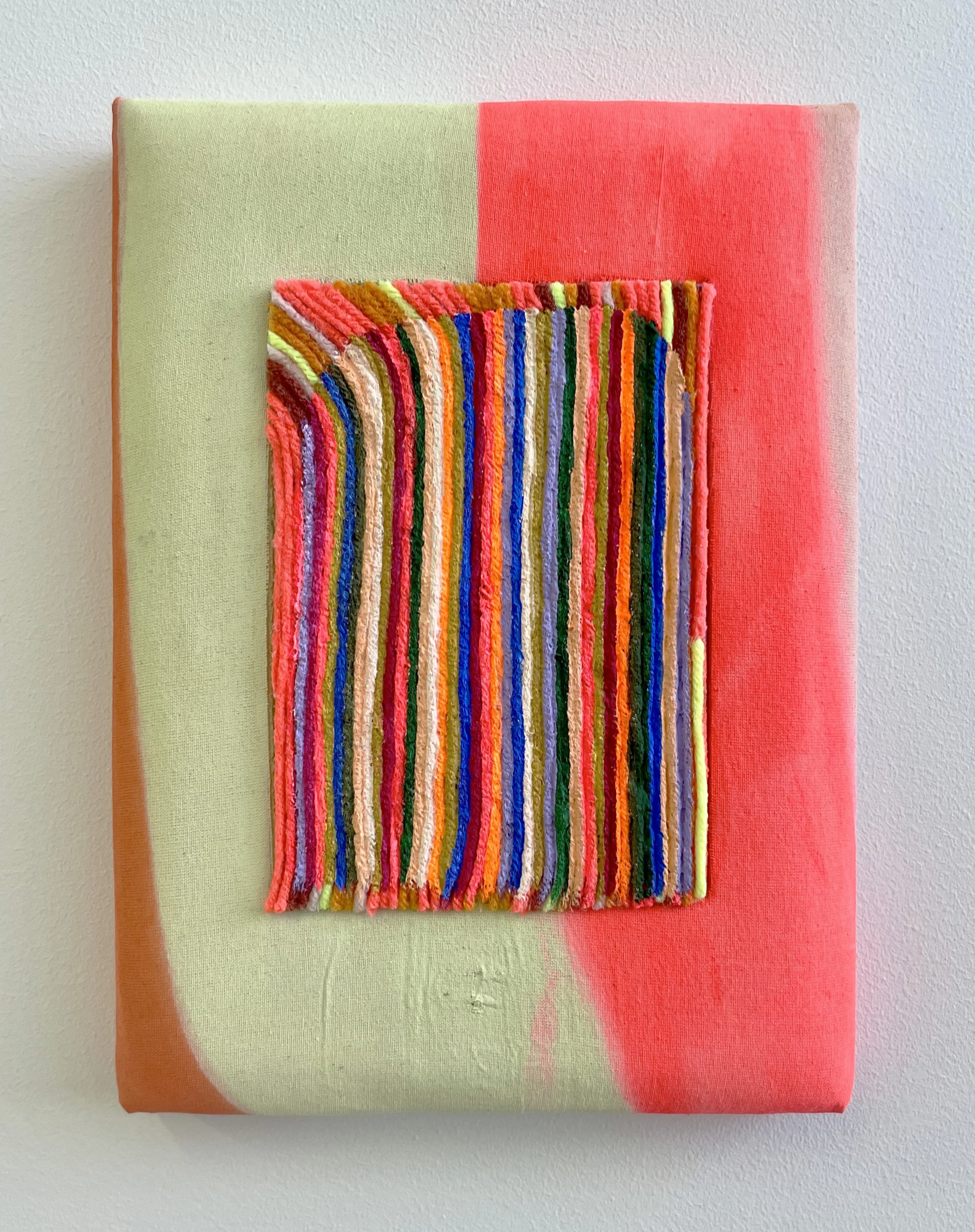"Tablet," 2025,
Acrylic, DayGlo and yarn on canvas and linen, foam, panel,
12" x 9" x 2"