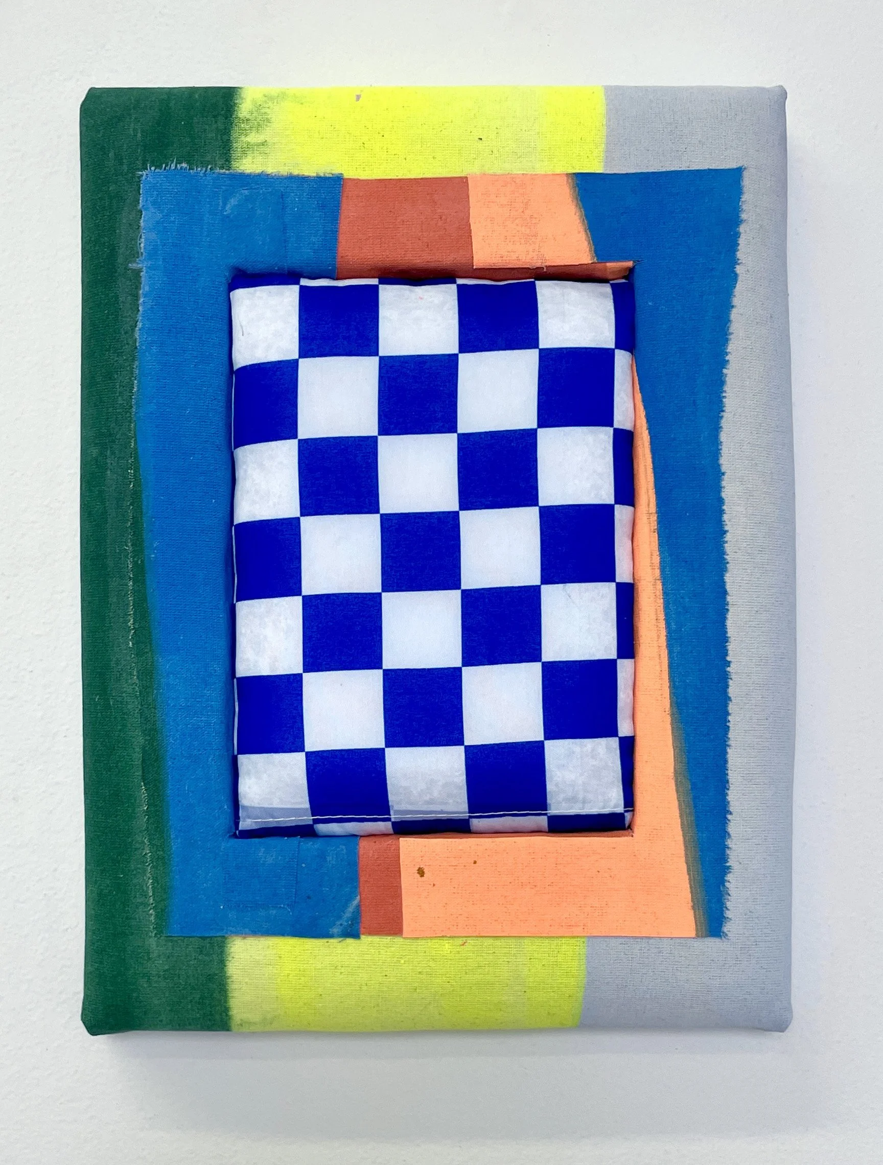 "Screen Time," 2025,
Acrylic, DayGlo and nylon on canvas, foam, panel,
12" x 9" x 2.5"