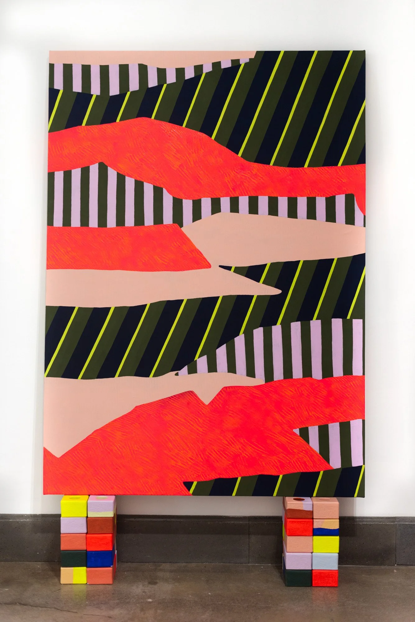 "Shape Tectonics (Orange)," 2021,
Acrylic, DayGlo and Flashe on canvas and found objects,
70" x 50"