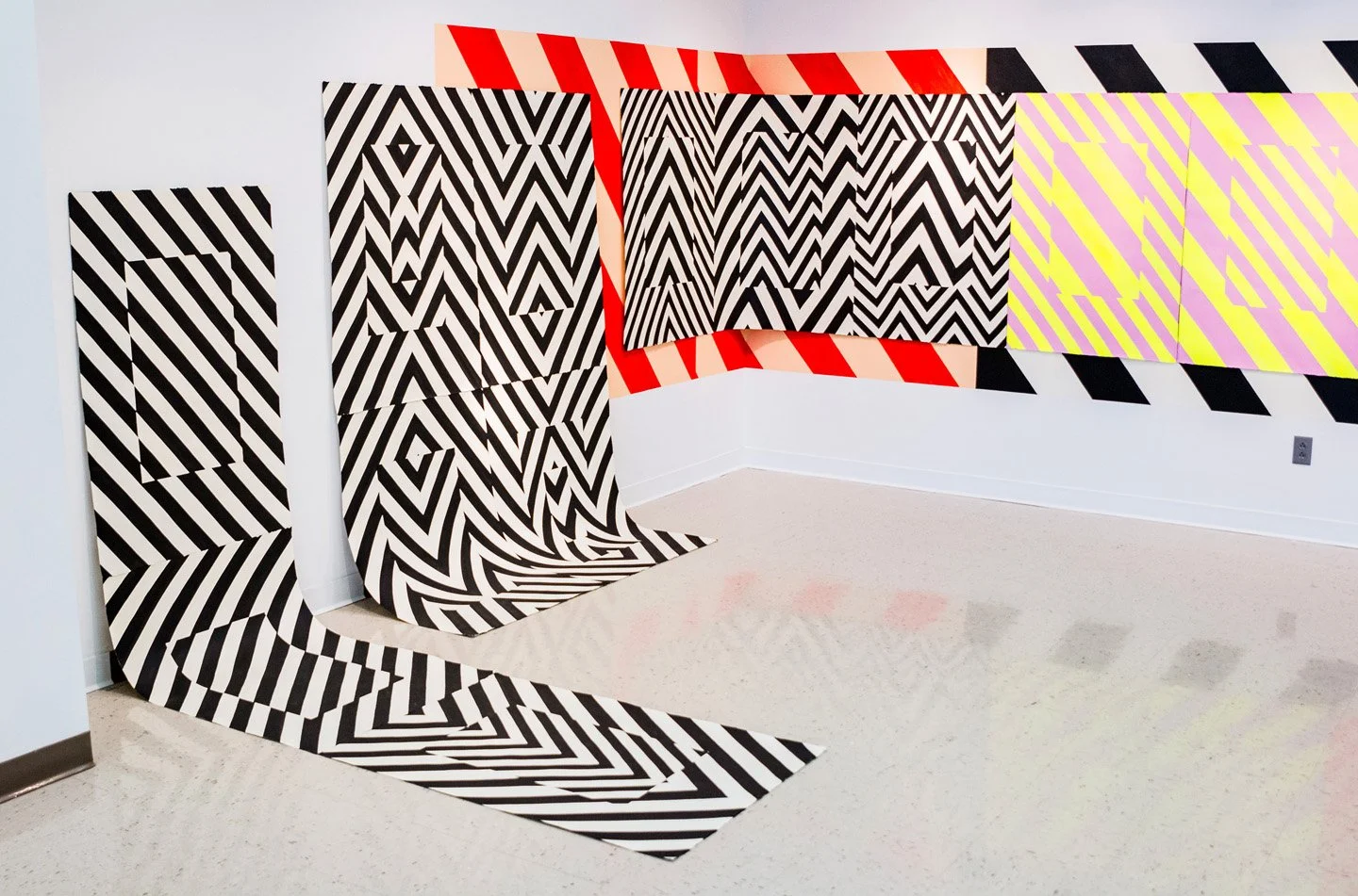 "Multi" Installation View, 2018,
DayGlo and Acrylic on paper, wood and drywall,
Dimensions variable