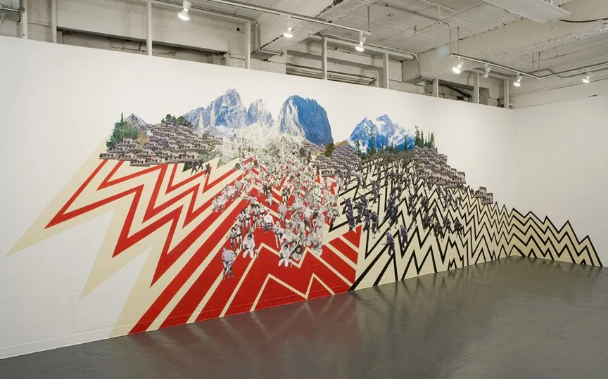 "t-r-o-u-b-l-e with a capital POW!" 2007,
Paint and collage installation,
7' x 30'