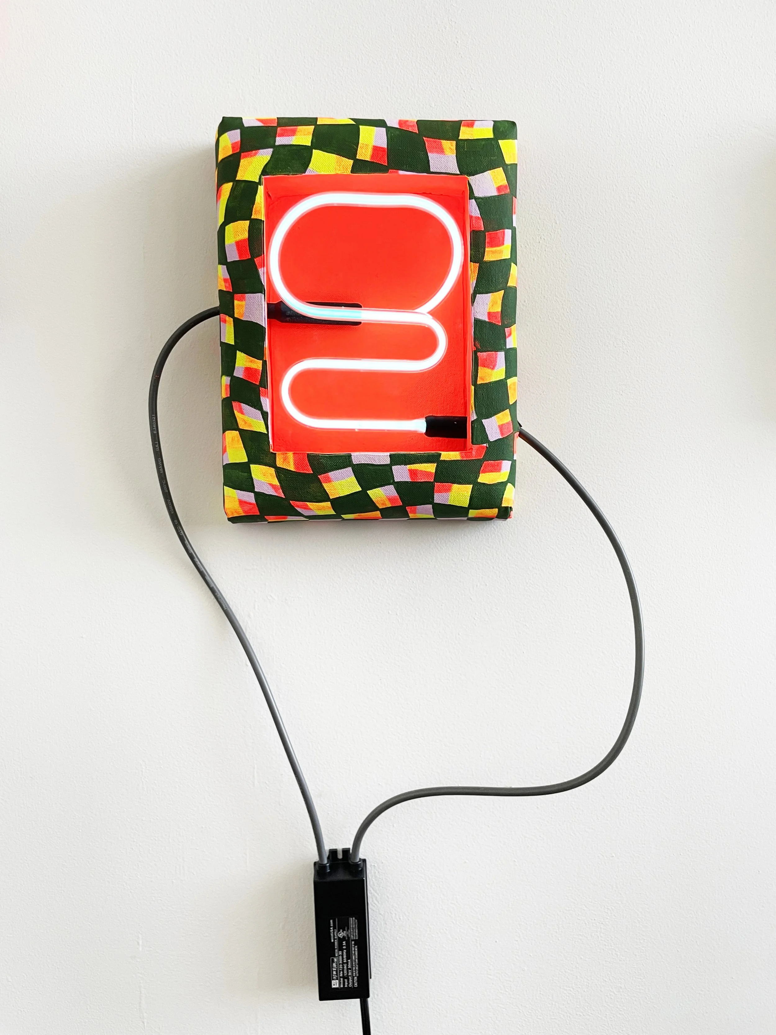 "Light Squiggle," 2025,
Acrylic, DayGlo, Flashe and neon lamp on canvas, foam, panel,
12" x 9" x 2.5"