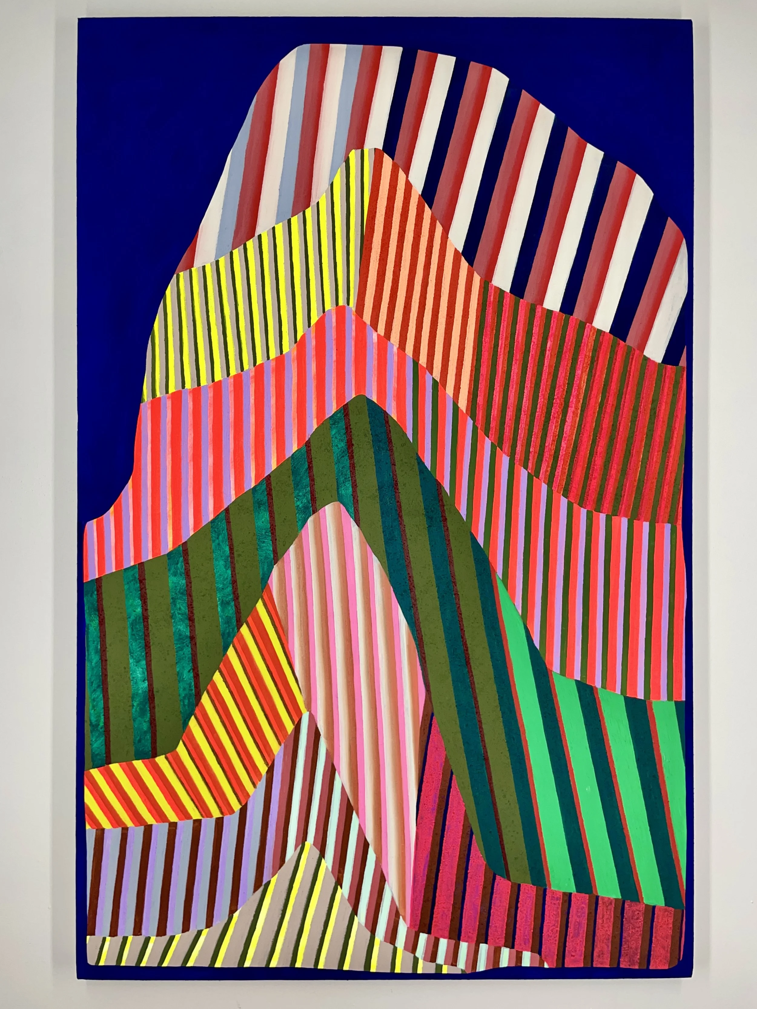 "Bookshelf Uplift," 2023,
Acrylic, Flashe, DayGlo and oil on canvas,
52" x 36"