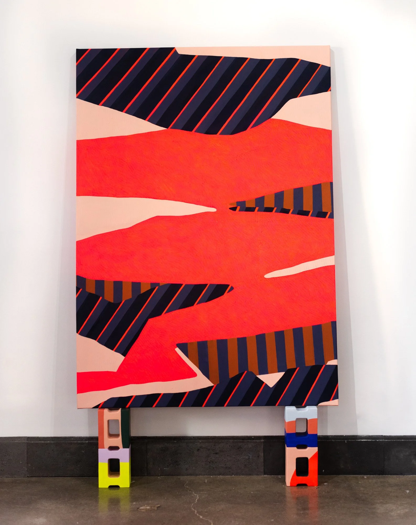 "Shape Tectonics (Red)," 2021,
Acrylic, DayGlo, and Flashe on canvas and found objects,
70" x 50"