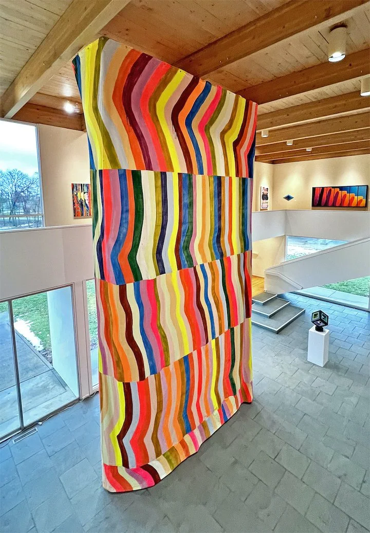 "Column," 2025,
Acrylic and DayGlo on muslin,
22' x 12' x 3'