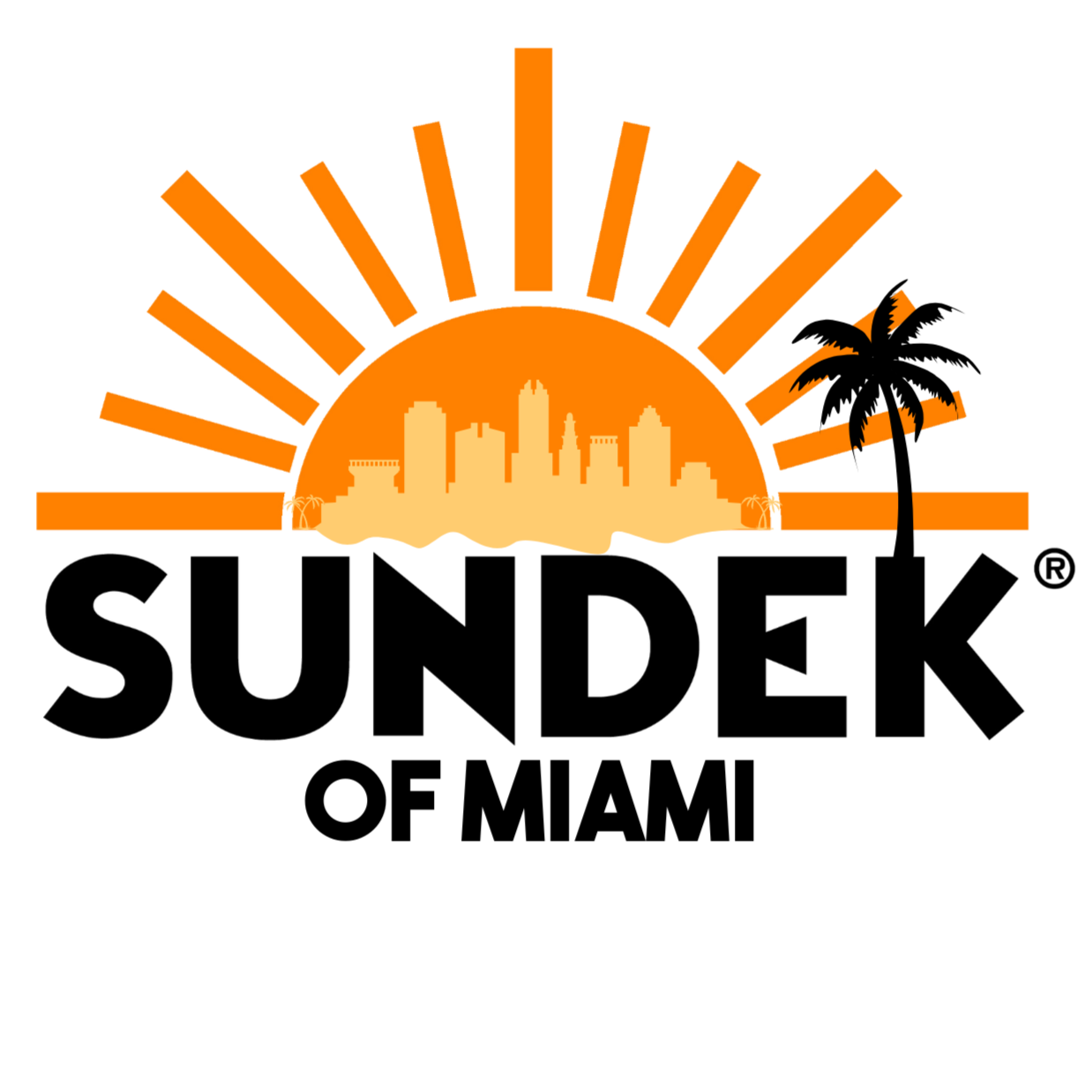 Sunset skyline with orange sun and rays, palm trees, and the word 'Sundek' in black letters beneath the sun.