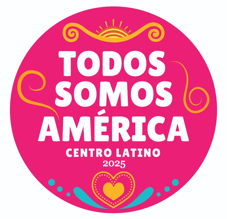 Pink circular logo with colorful designs and heart, featuring the text 'Todos Somos América Centro Latino 2025'.