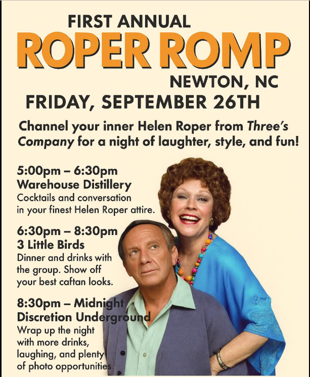 Event poster for the First Annual Roper Romp in Newton, NC on September 26th, featuring a photo of a woman with curly hair wearing a blue dress and colorful necklace, and a man in a coat and shirt, with event schedule and activities listed.