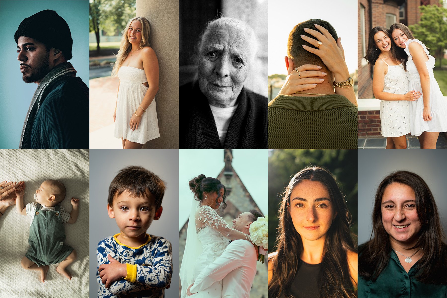 Collage of ten diverse people and children: a young man in a black beanie, a young woman in a white dress, an elderly woman with white hair, a person with short hair covering their face, two young women in white dresses, a baby on a blanket, a young boy, a bride and groom, a young woman with long hair outdoors, and a smiling woman with dark hair.