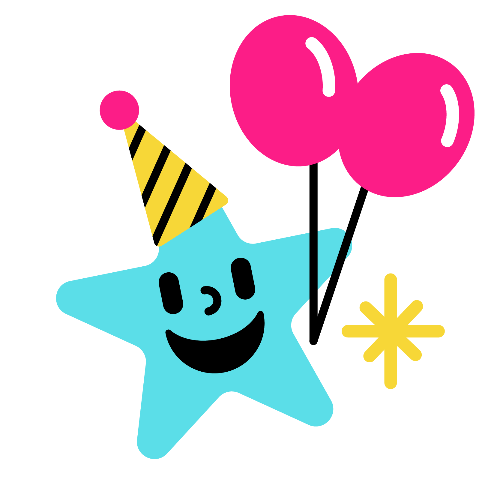 A blue smiling star with a yellow party hat, pink balloons, and a yellow sparkling star.