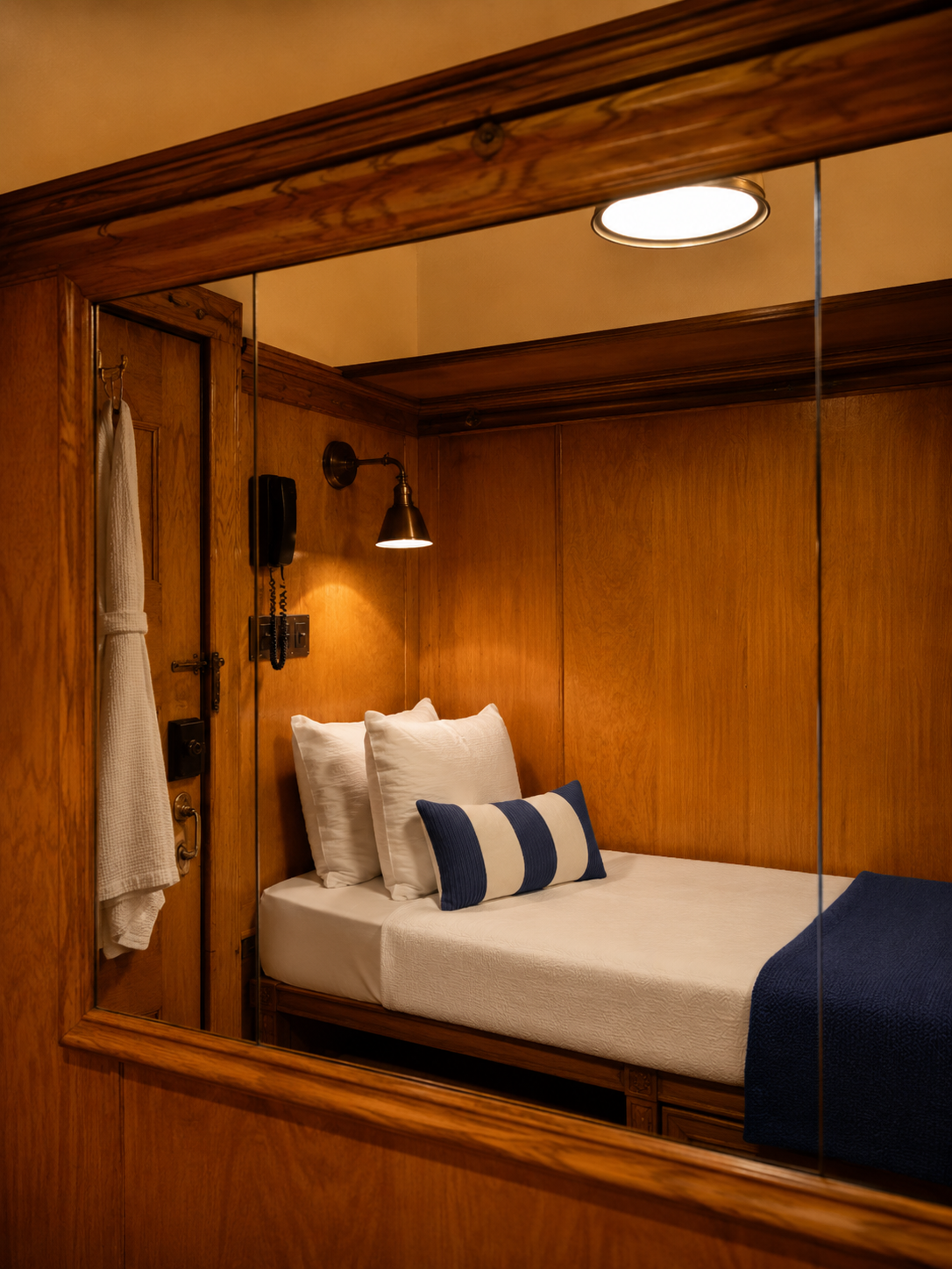 A cozy hotel room with wood-paneled walls, a bed with white bedding, and a pillow with blue and white stripes. There's a wall-mounted lamp, a telephone, and a robe hanging on a hook, reflected in a mirror.