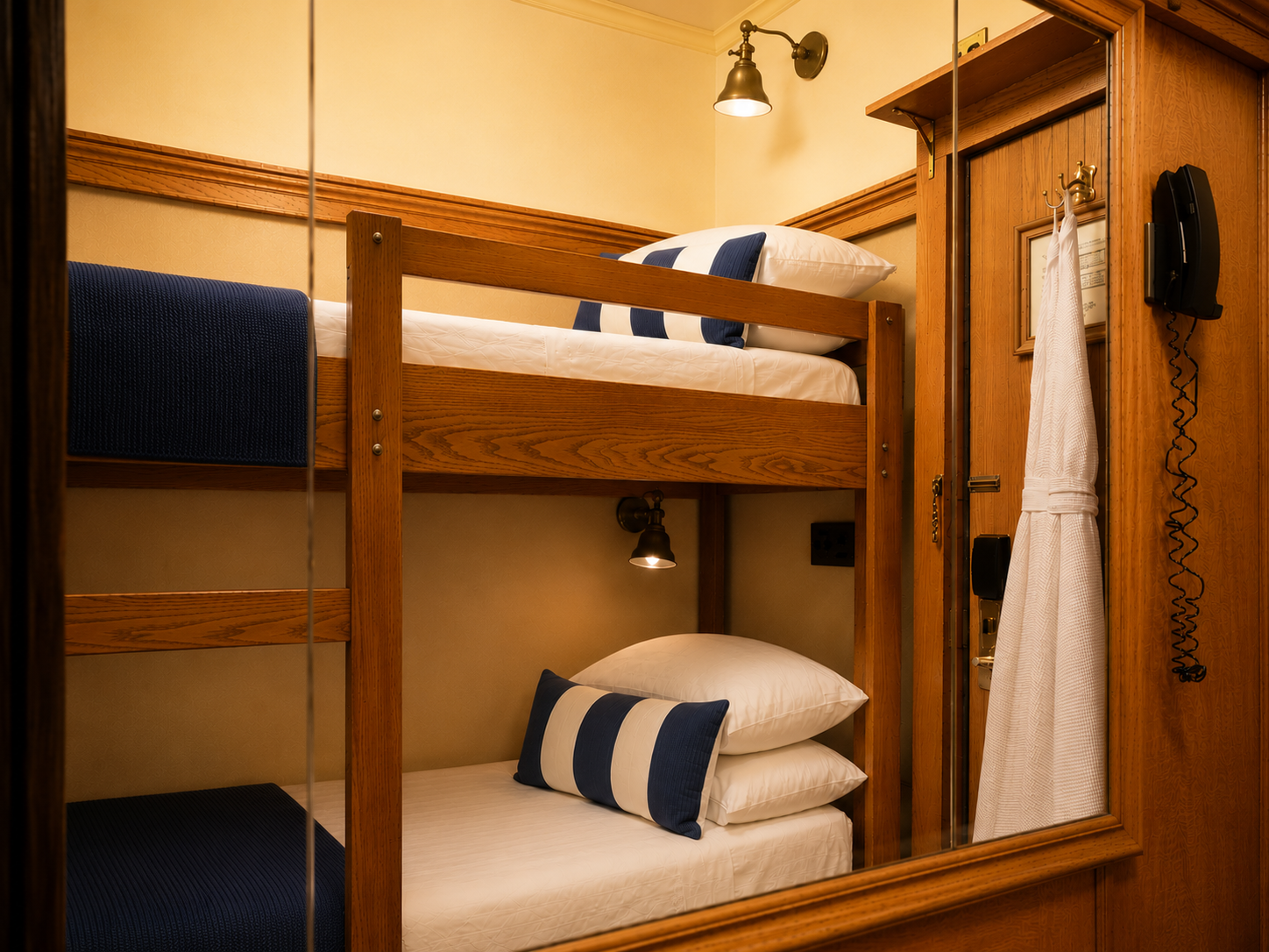 View of a wooden bunk bed with white bedding and blue-striped pillows in a room with warm lighting, a wall-mounted lamp, and a wooden door with a white bathrobe hanging on the door handle.