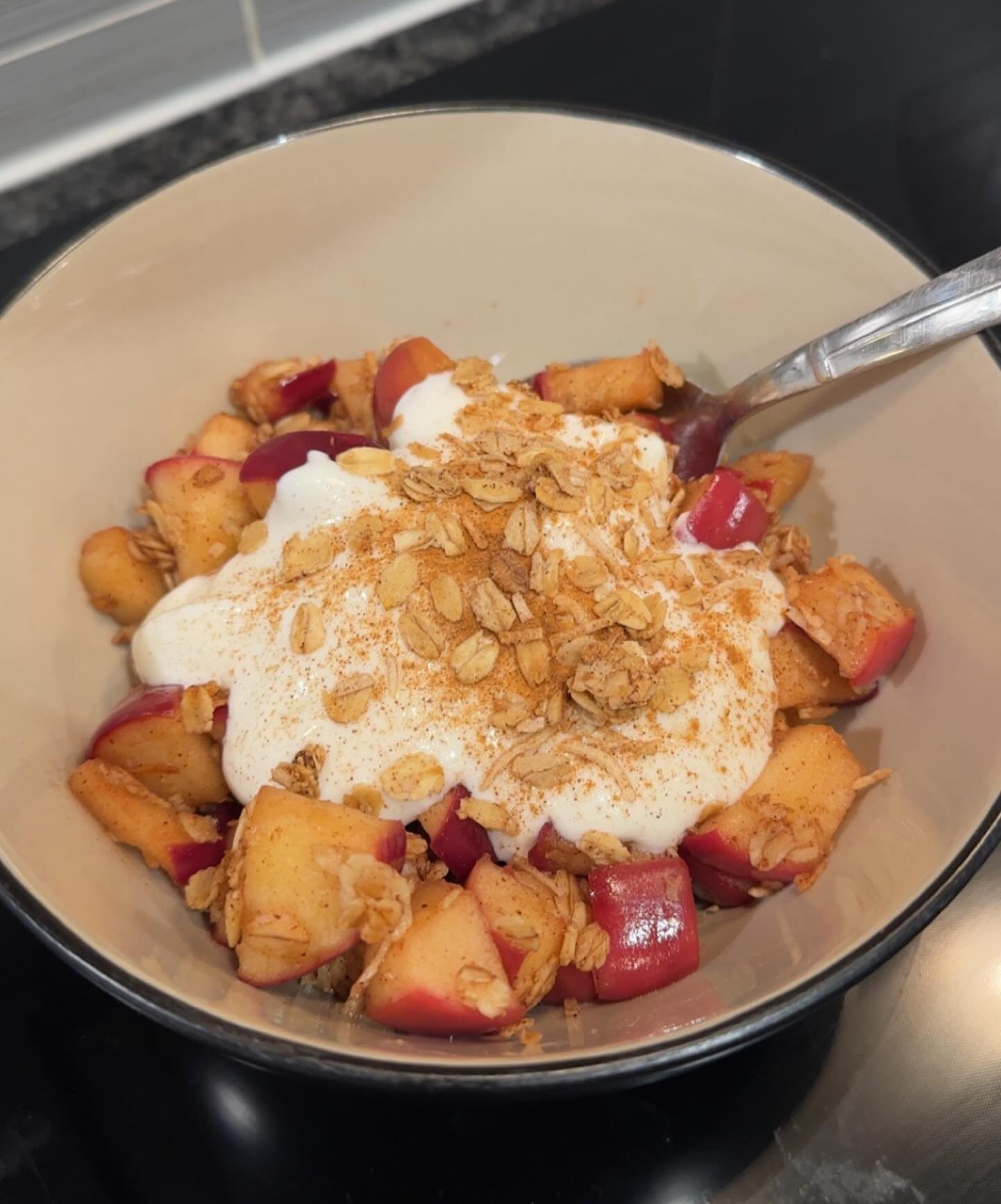 High-Protein Saut&eacute;ed Apple Bowl 🍎
 
Simple ingredients that come together and make a cozy, satisfying, high-protein bowl. Perfect for a quick breakfast, afternoon snack, or post-workout snack.
 
Ingredients
&bull; 1 medium apple, diced (I use