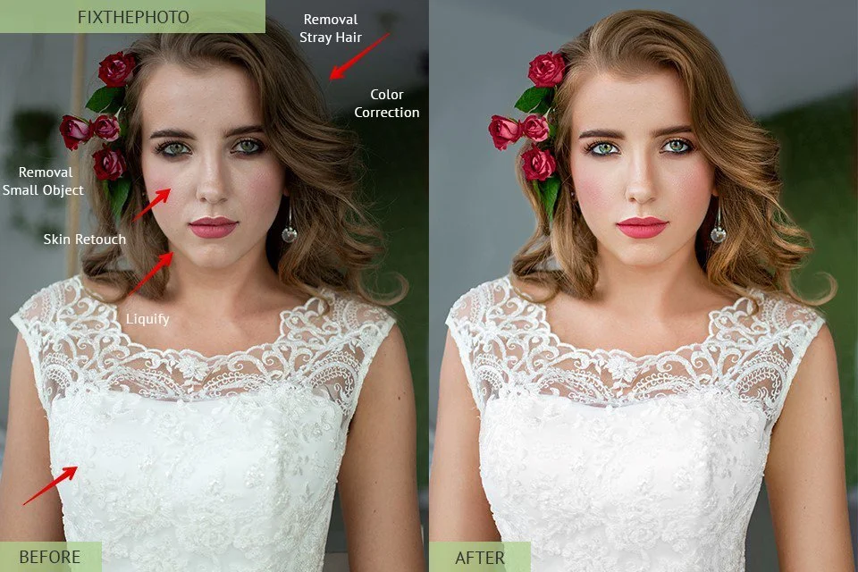 Before and after photo demonstrating photo retouching and editing. The woman has makeup and hair adjustments, skin retouching, removal of small objects, color correction, and stray hair removal on the left side. The right side shows the polished, edited version with smoother skin and enhanced features.
