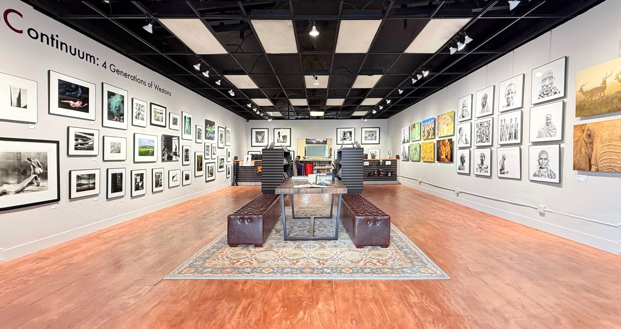 Art gallery with framed photographs and paintings on white walls, a wooden table with seating in the center, and track lighting on a black ceiling.