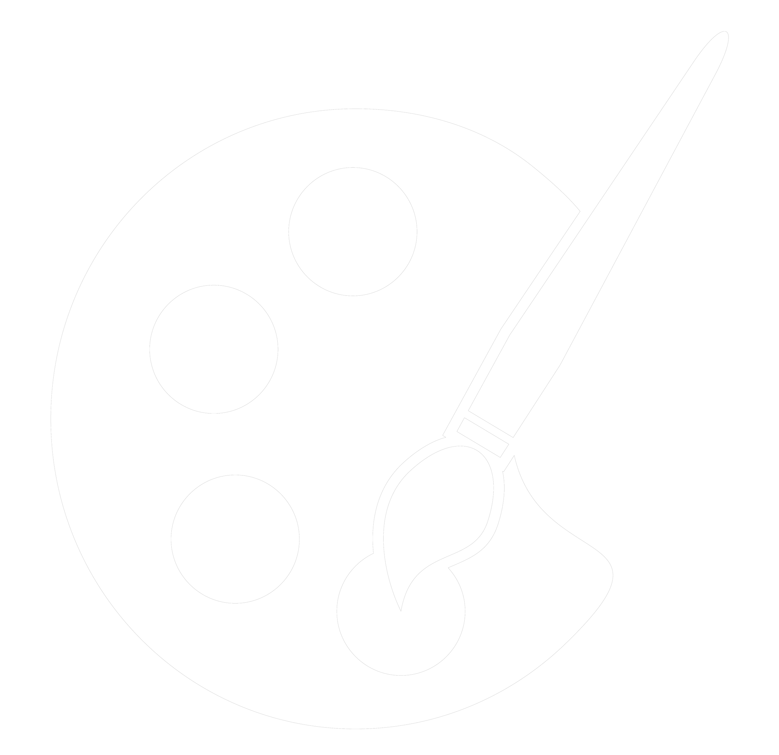 Black and white illustration of an artist's palette with four circular paint spots and a paintbrush with a rounded tip.