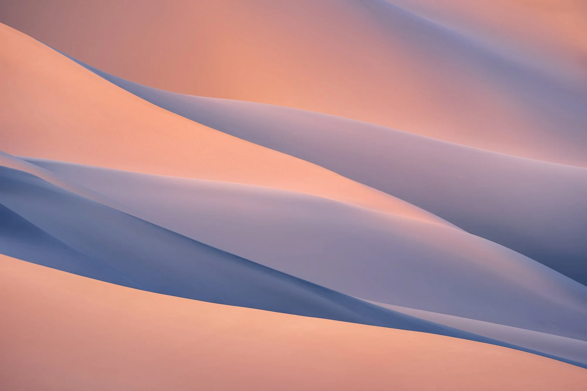Soft pastel sand dunes in peach and blue light, abstract desert landscape by Alex Noriega.