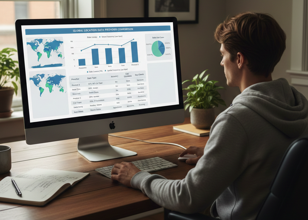 KI-generiertes Bild, das jemanden zeigt, der sich den Vergleich unterschiedlicher Standortdaten-Providers anschaut.