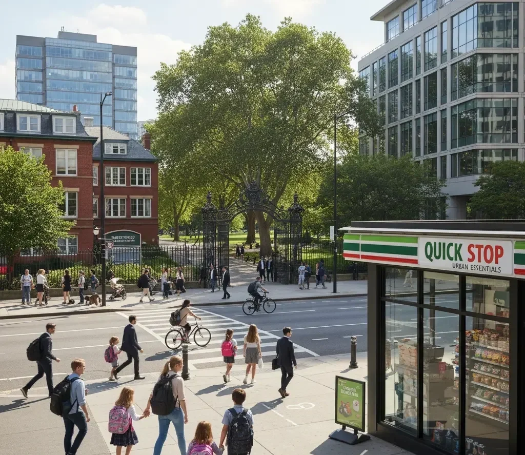 KI-generiertes Bild eines urbanen Quick-Supermarkts mit Umgebung als Standortradius-Faktoren.