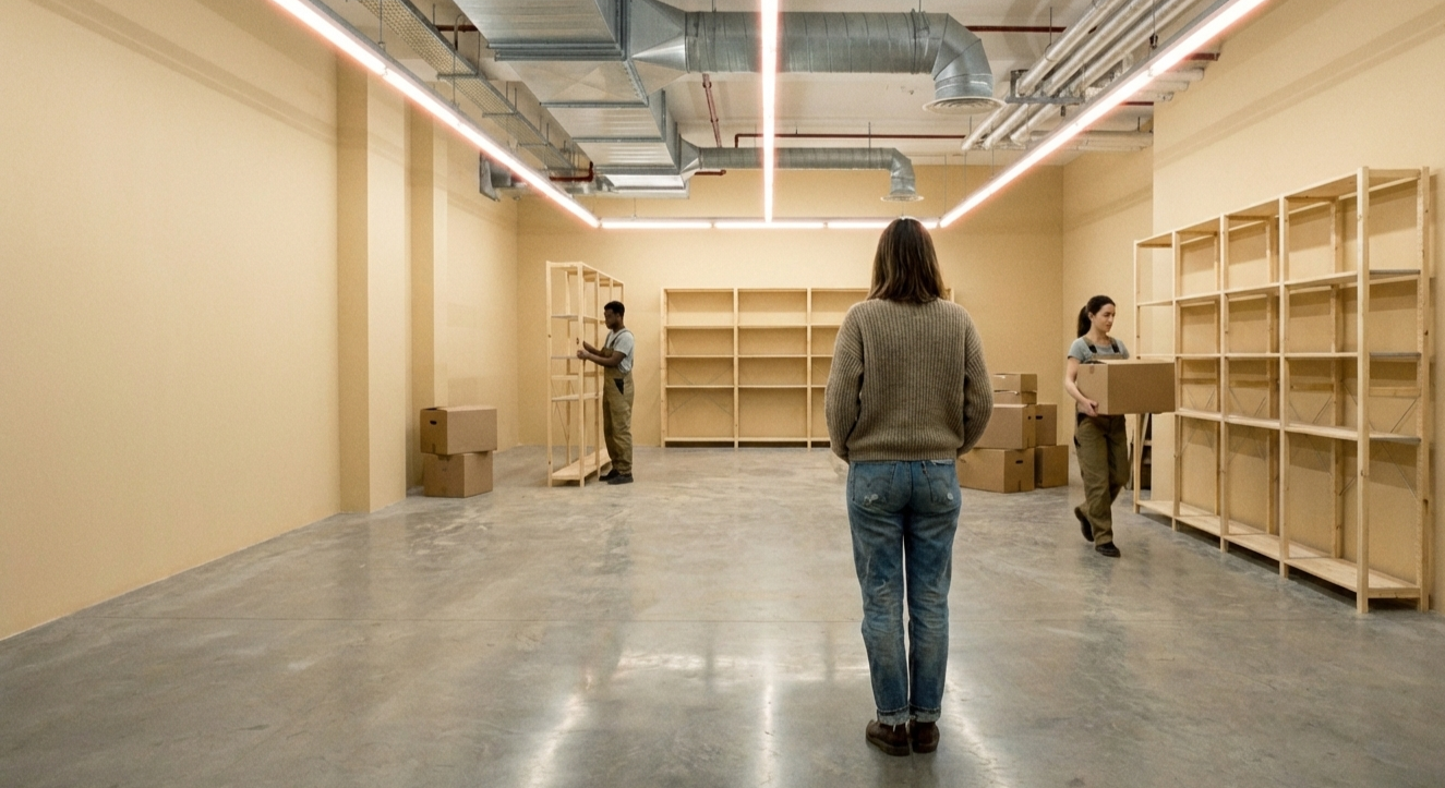 Frau steht in ihrem neuen Geschäft beim Einrichten