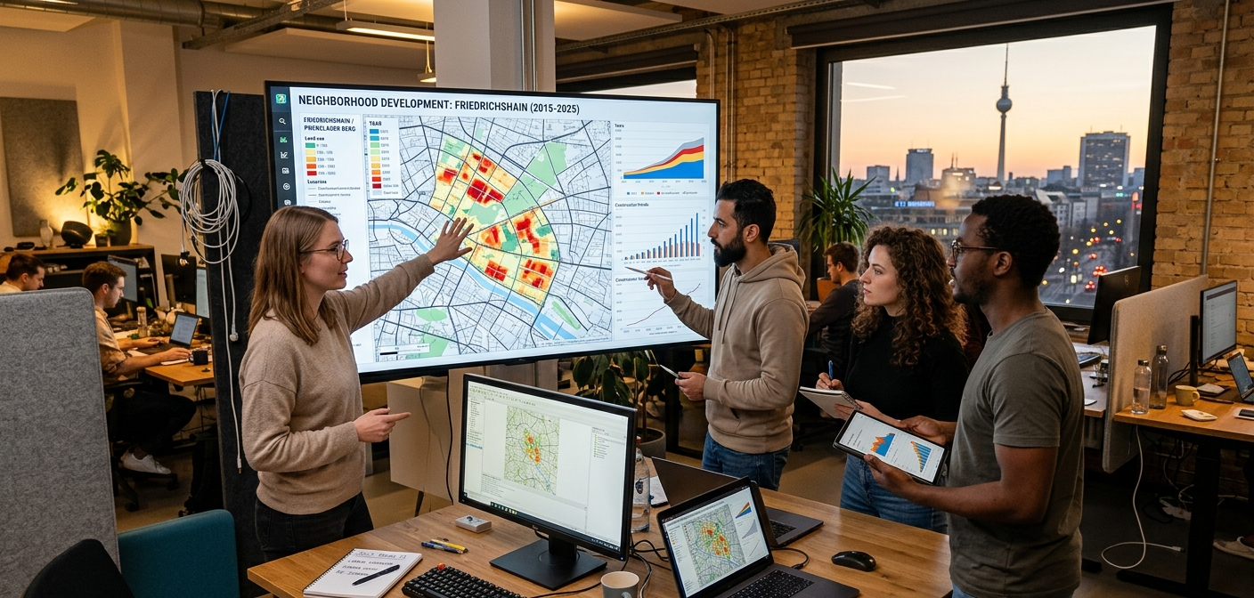 KI-generiertes Bild eines Teams, das die Standortentwicklung einer Nachbarschaft analysiert
