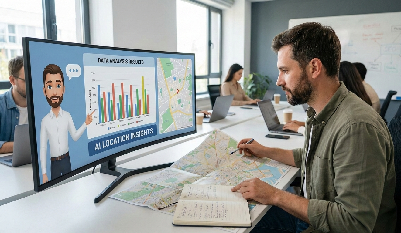 KI-generiertes Foto, das KI-gestütze Standortanalyse zeigt. Ein Mann vergleicht seine Standortdaten mit den Resultaten einer KI-generierten Analyse.