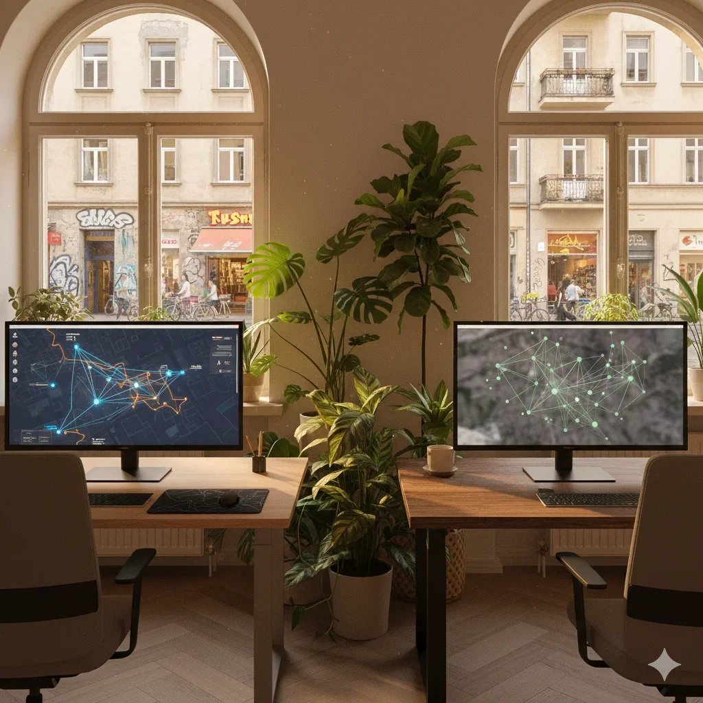 Den Innenraum eines Büros in Berlin Schöneberg mit zwei Bildschirmen, die Standortanalysen durchführen
