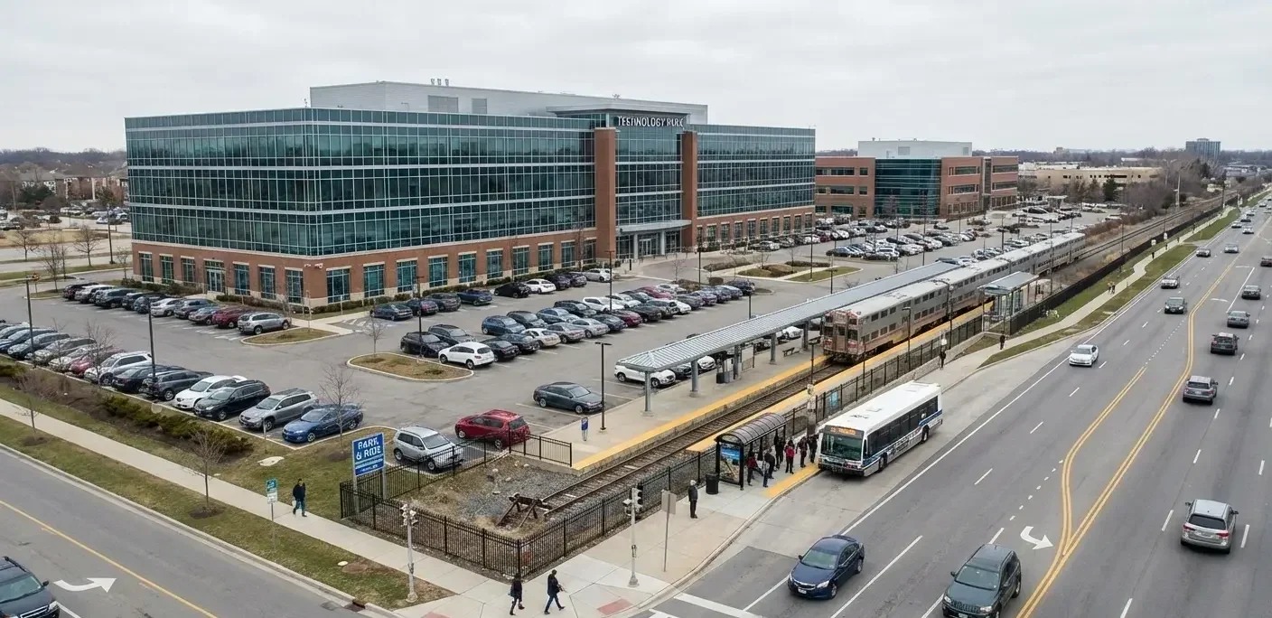 KI-generiertes Bild das den Standort eines Bürogebäudes außerhalb des Stadtkerns zeigt.