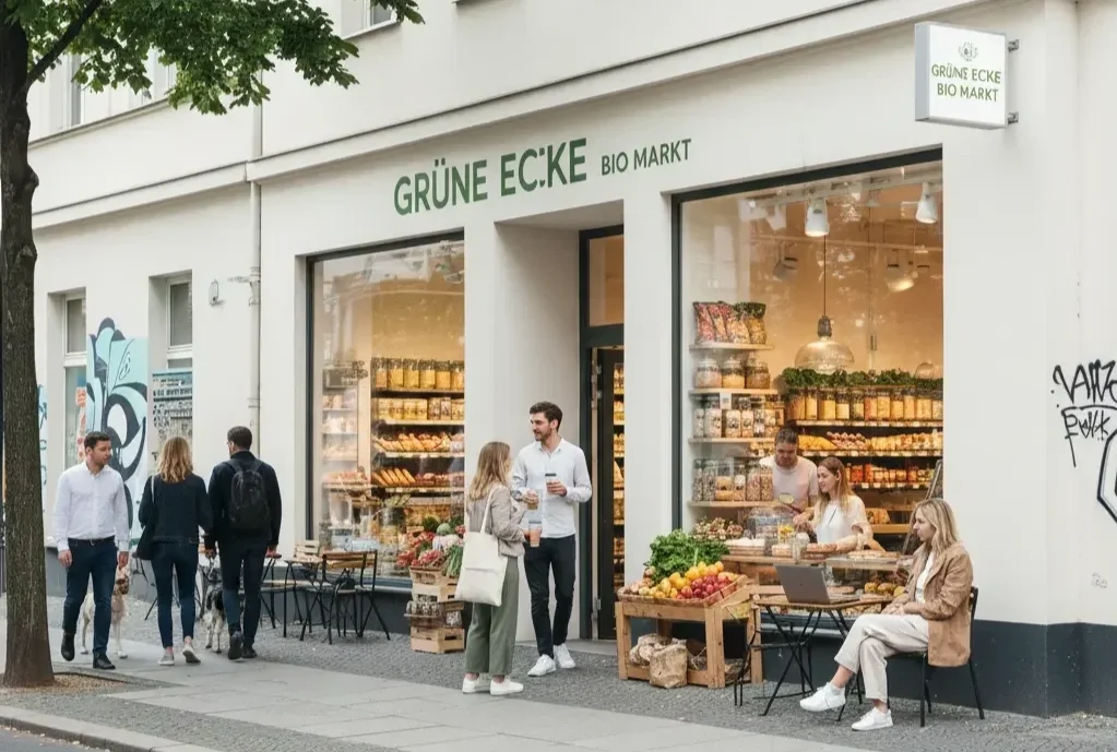 KI-generiertes Bild eines Bio-Cafès, Standortanalyse Bio-Retail: Passung Soziodemografie Berlin-Mitte