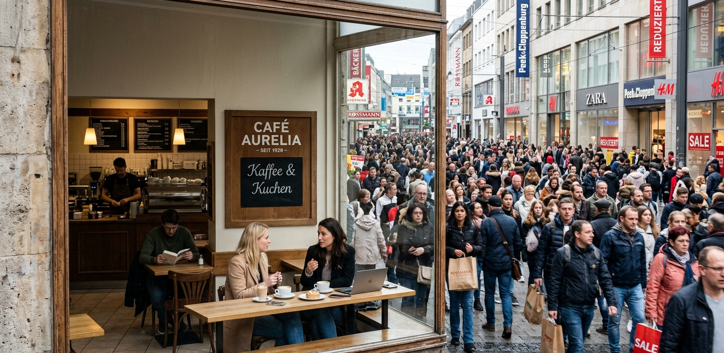 KI-generiertes Bild eines nicht sehr vollen Cafès in einer sehr gut besuchten Einkauffstraße,um zu zeigen, dass Standorte ihr Potenzial oft nicht ausnutzen.
