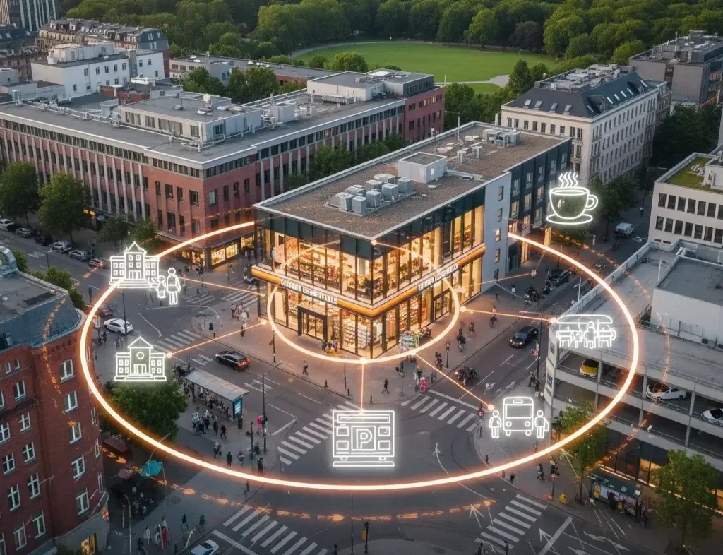 KI-generiertes Bild mit Radiusfaktoren eines städtischen Einzelhandsgeschäftes.