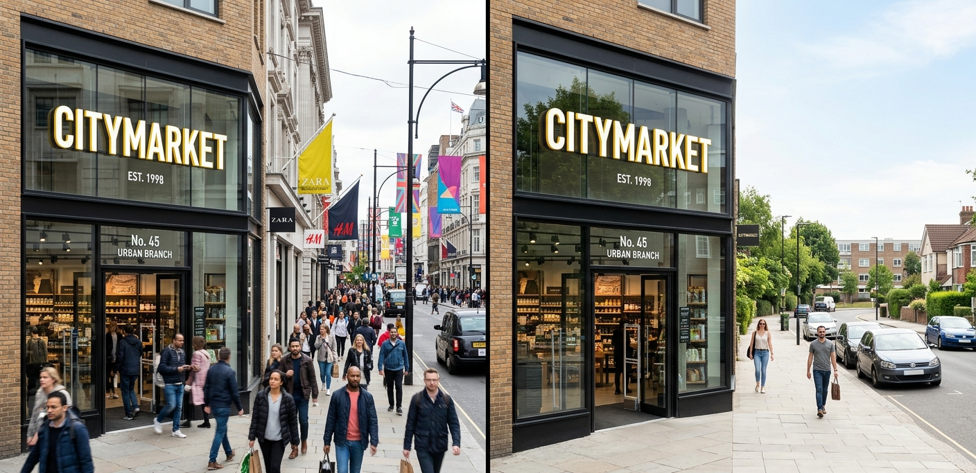 Die Standortperformance im Filialnetz variiert je nach Mikromarkt und Lage. Dieses KI-generierte Bild stellt zwei Filialen einander gegenüber und macht sichtbar, wie der Standort den Erfolg beeinflussen kann.