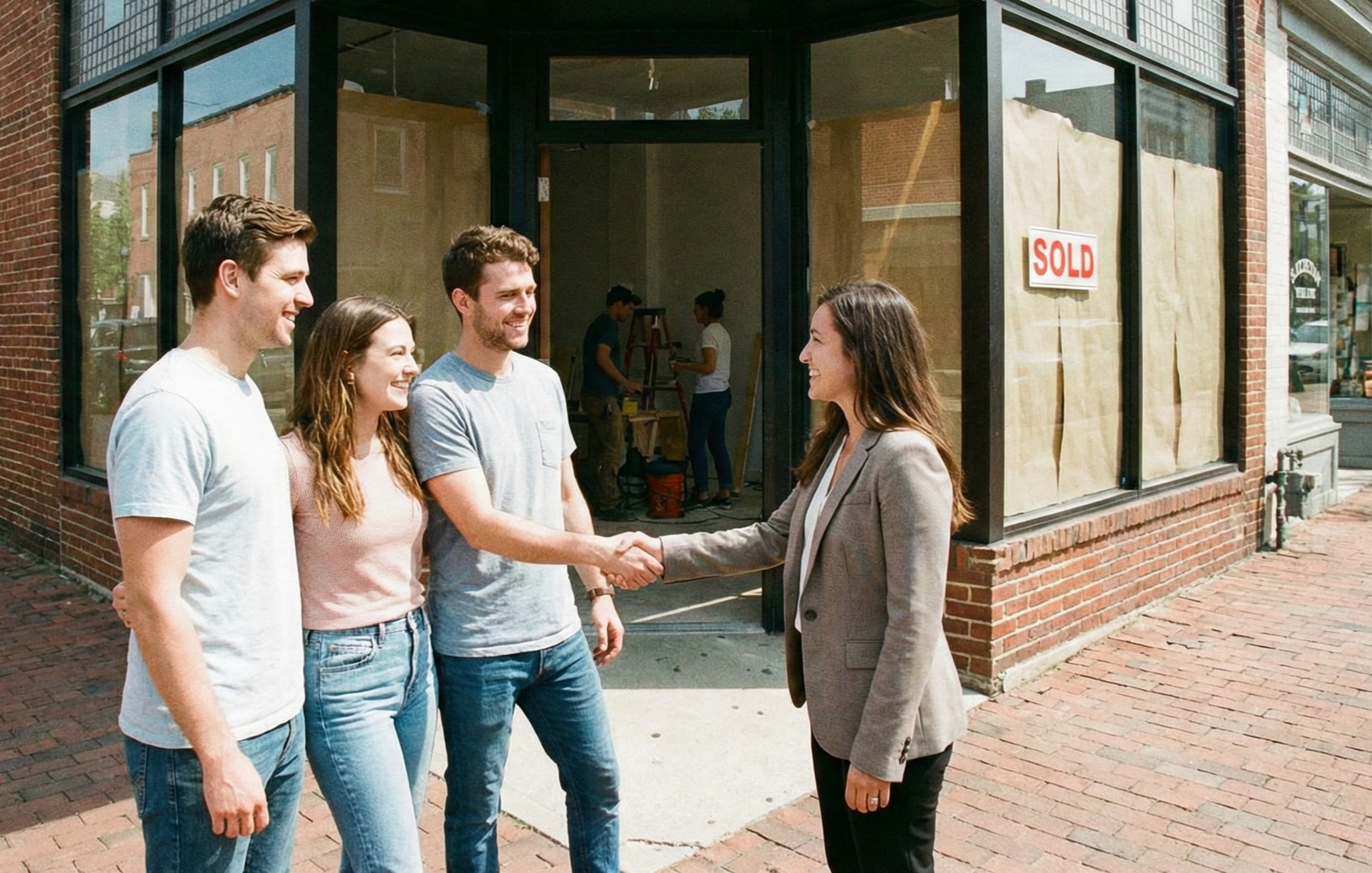Ein Mann und eine Frau begrüßen sich freundlich vor einem Geschäft mit einem 'VERKAUFT'-Schild. Im Hintergrund werken Mitarbeiter im Ladeninneren.