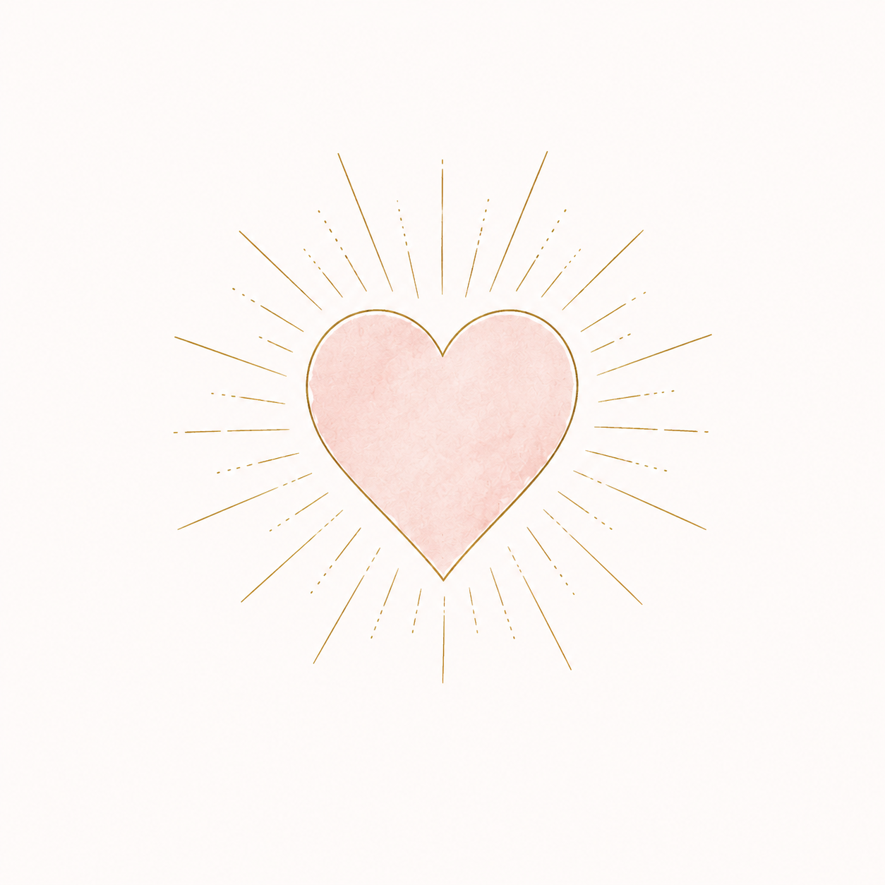 A pink watercolor heart with gold outline surrounded by radiating gold lines on a white background.