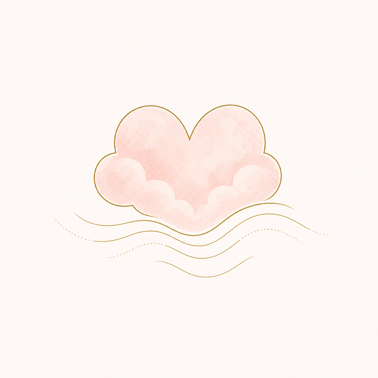 A pink heart-shaped cloud with soft edges, outlined in gold, floating above wavy lines on a light background.