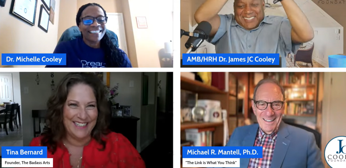 Four individuals participating in a video call. Top left: Dr. Michelle Cooley, smiling and wearing glasses. Top right: Dr. James JC Cooley, smiling with his hands behind his head. Bottom left: Tina Bernard, smiling in a red top. Bottom right: Michael R. Mantell, Ph.D., smiling and wearing glasses with a bookshelf in the background.