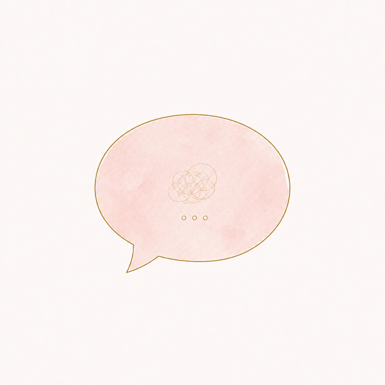 A digital illustration of a speech bubble with a pink watercolor texture, outlined in gold, with a small cluster of overlapping circles in the center and three small dots below.