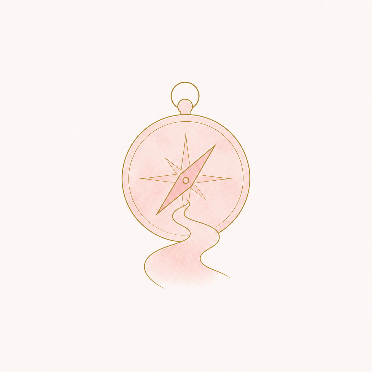 Minimalist illustration of a compass with a pink circle background and a winding ribbon-like element extending downward.