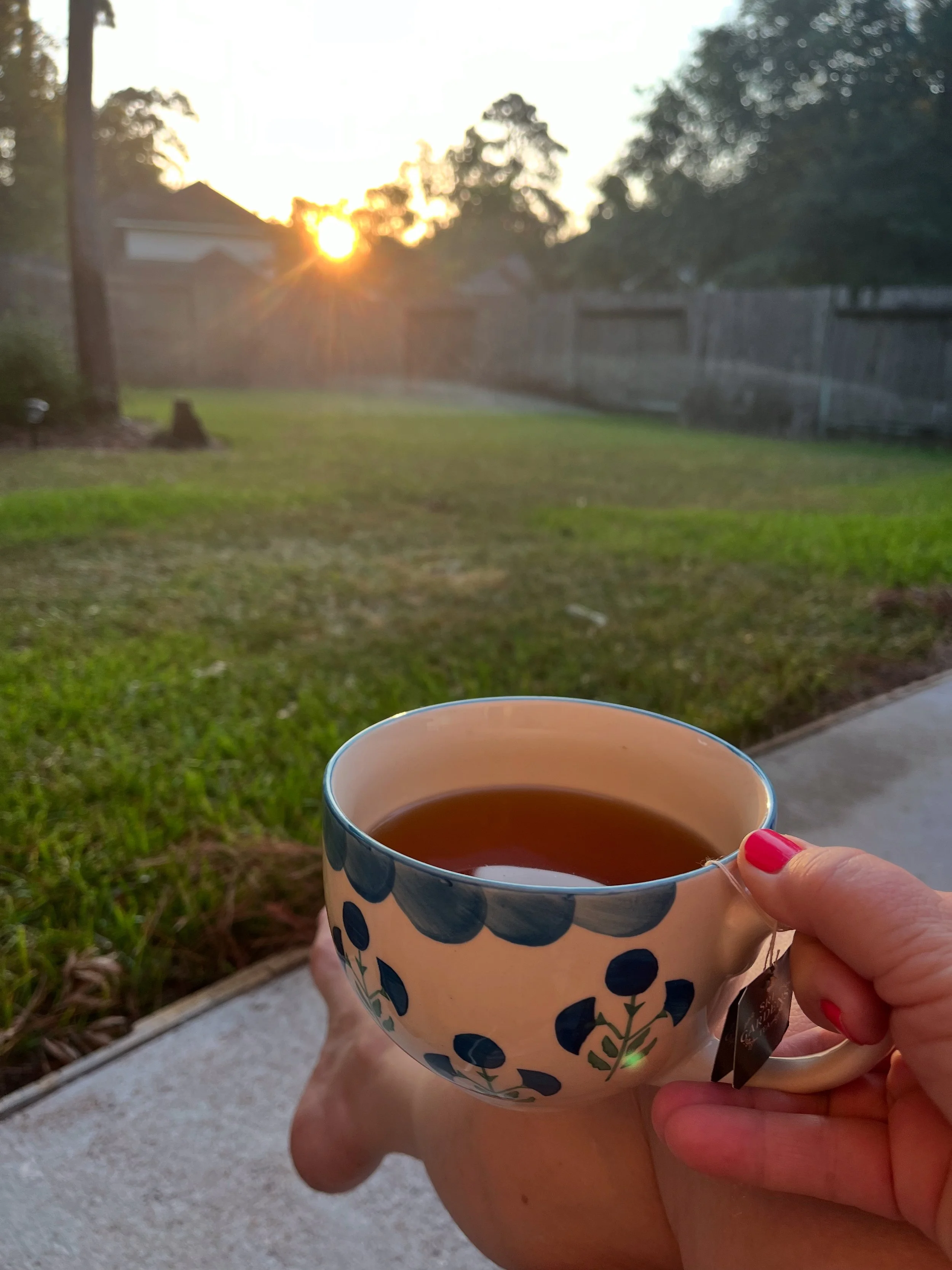 A person holding a mug of tea outdoors during sunset, with a grassy backyard and wooden fence in the background.
