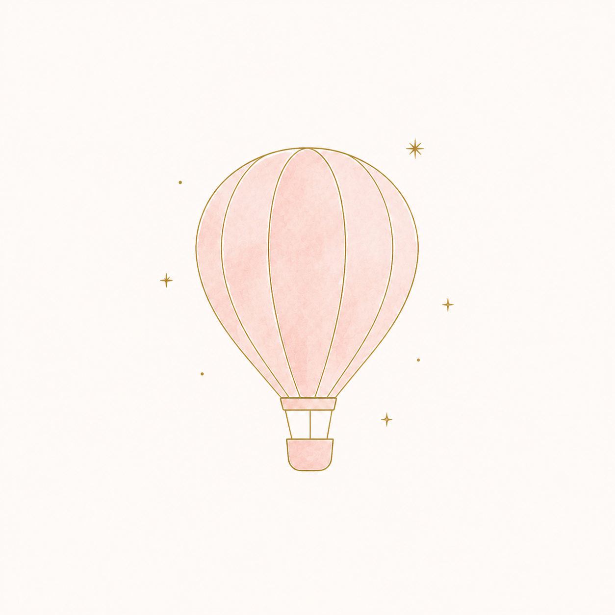 A pastel pink hot air balloon with gold outlines floating among small gold stars on a white background.