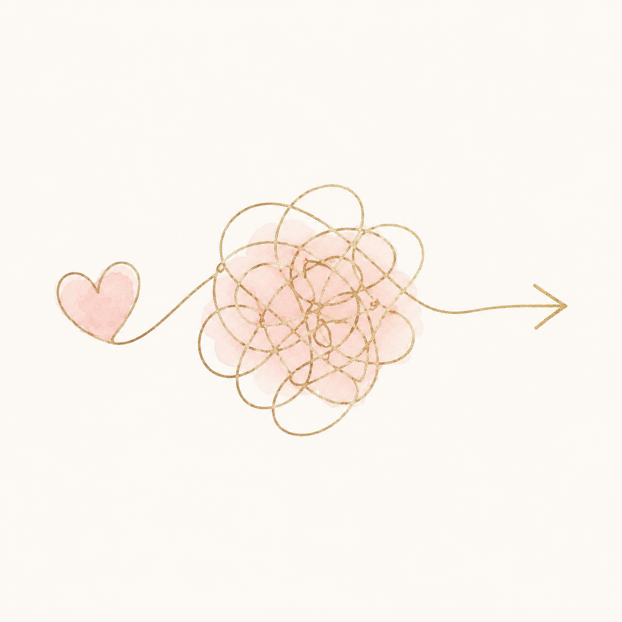 A pink watercolor heart connected to a tangled, scribbled pink area with a gold outline, with an arrow pointing to the right.