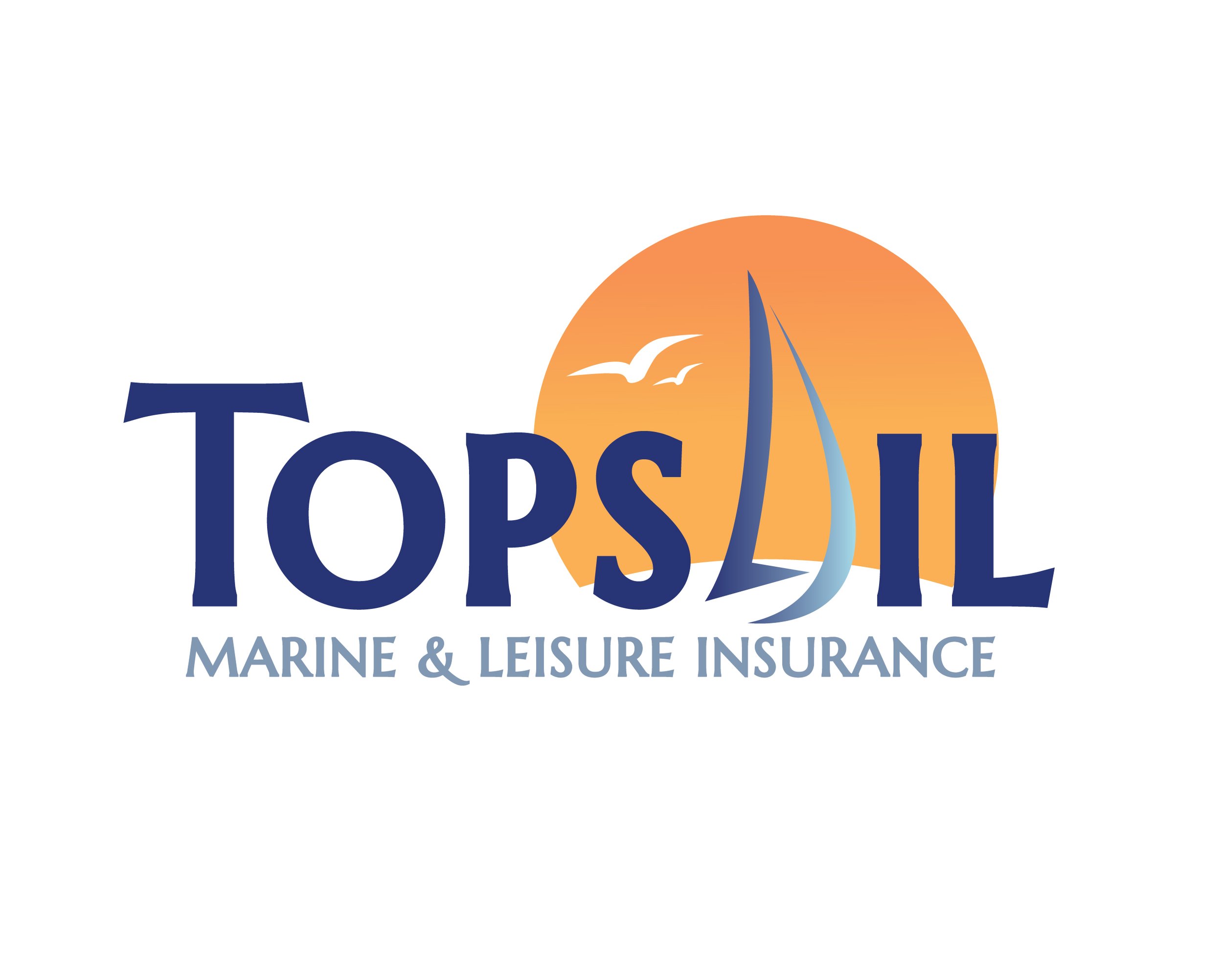 Logo for Topsail Marine & Leisure Insurance featuring the company name with a sailboat and seagulls against an orange sunset background.
