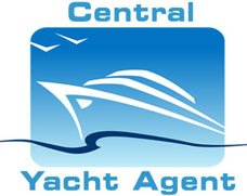 Logo with a blue background displaying a white yacht and birds, with the text 'Central Yacht Agent'.