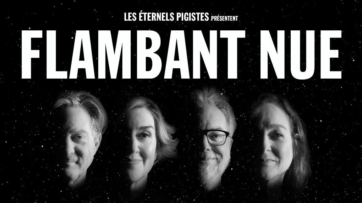 Affiche d'une pièce de théâtre intitulée "Flambant Nuez" avec les portraits de quatre acteurs.